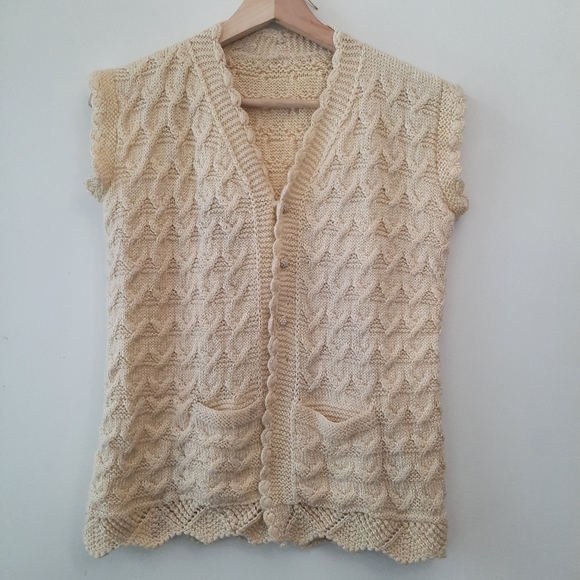 Sweaters - Vintage Cream Cable Knit Crochet Sweater Vest Cottagecore Boho Country